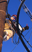 Electrician working on power pole